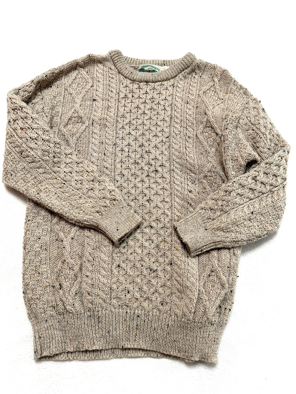 Aran Crafts sz L Crew Neck !00% Wool Irish Sweater Fisherman Oversized Oatmeal